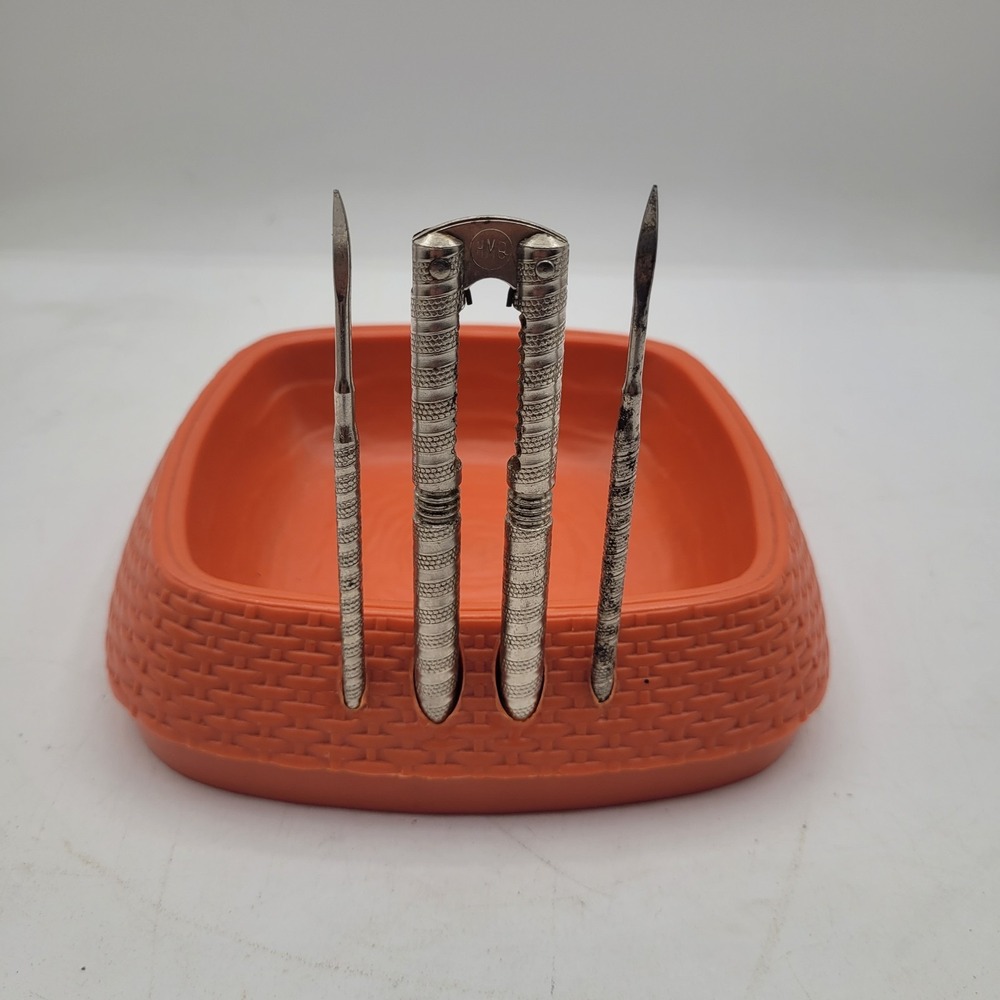 Vintage H.M. Quackenbush Burnt Orange Plastic Nut Bowl, Nutcracker &‎ Picks